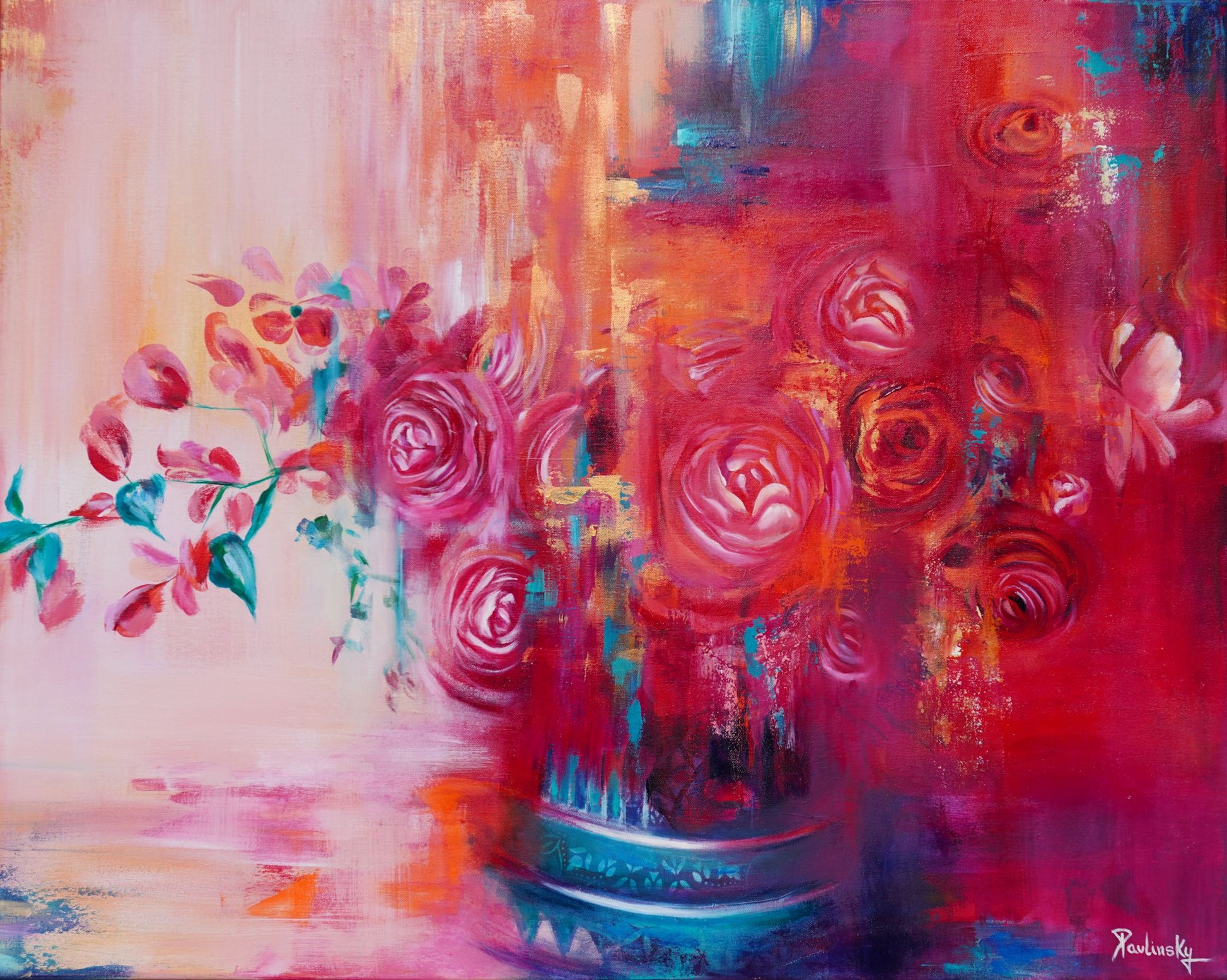 Pink roses painting by Pavlinsky — warm magenta palette, abstract floral realism